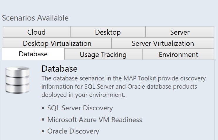 Screenshot of MAP toolkit database scenarios.