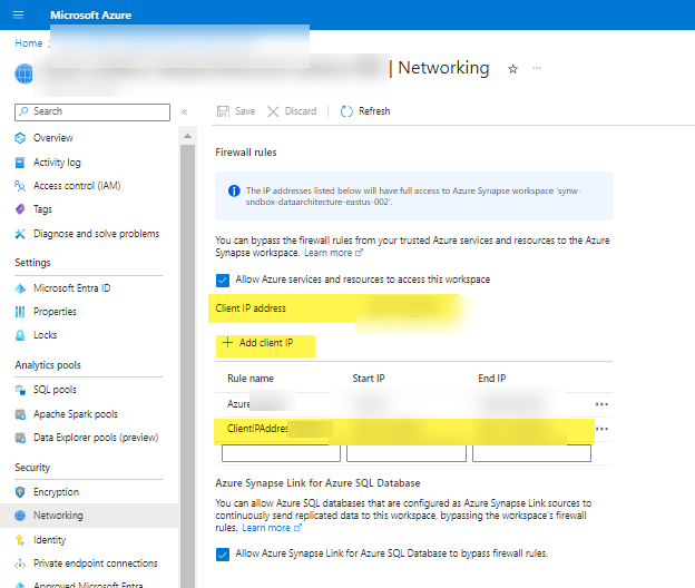 Synapse Netowrking firewall rules image with highlighted areas showing to add your IP address. 