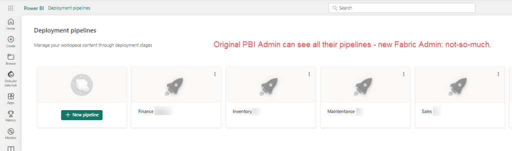 Screen shot of PBI / Fabric deployment pipelines with the text "Original PBI Admin can see all their pipelines - new Fabric Admin: no-so-much."