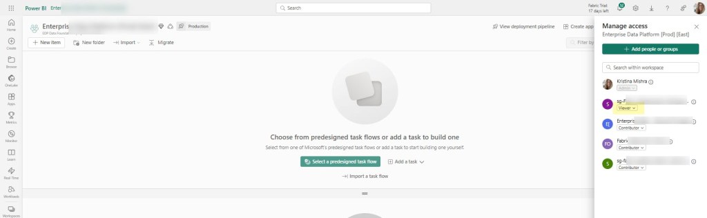 Microsoft Fabric workspace manage access screenshot.