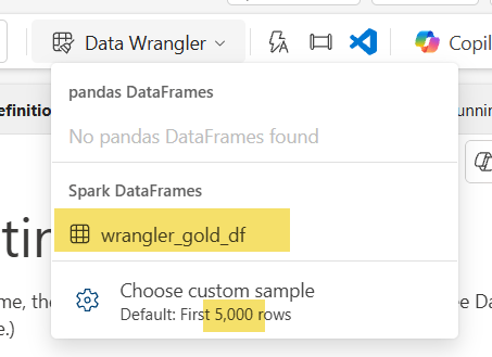 Screen shot of data wrangler drop down showing your spark dataframe and ability to change number of rows. 