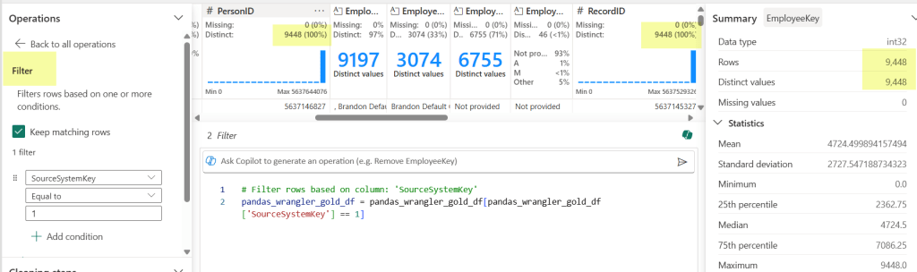 data wrangler screenshot with filter added.