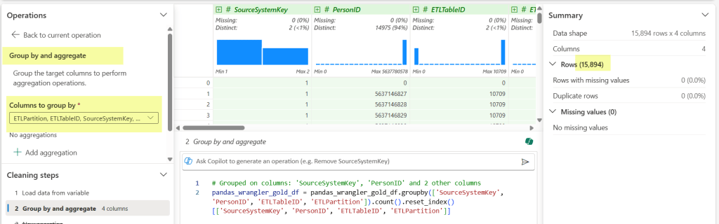 Data wrangler screenshot with grouping